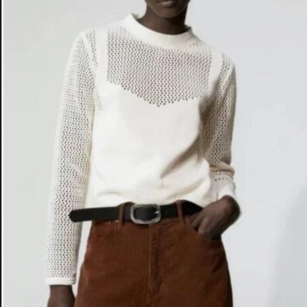 Zara Cream Ecru Perforated Mock Neck Knit Sweater Sz Small